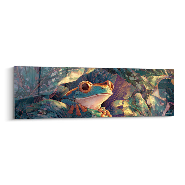 Tableau Grenouille bleue et dorée parmi les feuillages - Regard tapi dans l'ombre - Edition grenouille