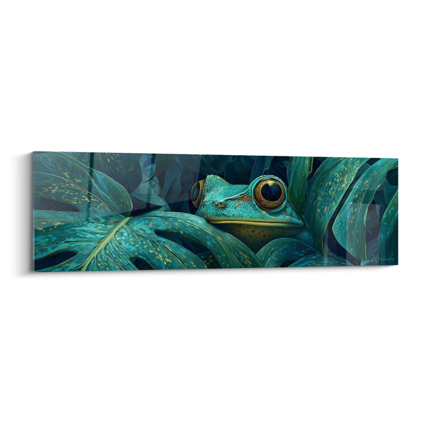 Tableau Grenouille turquoise dorée feuillage tropical - Affût silencieux - Edition grenouille