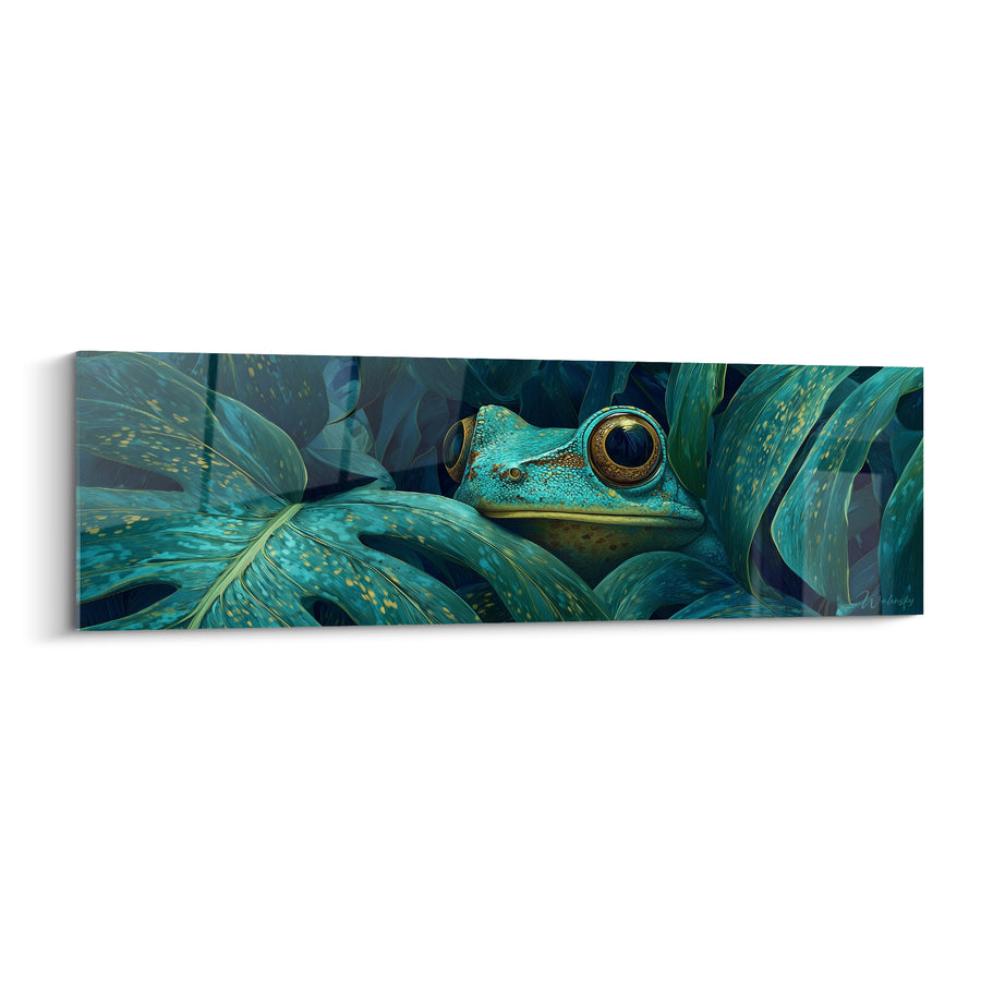 Tableau Grenouille turquoise dorée feuillage tropical - Affût silencieux - Edition grenouille