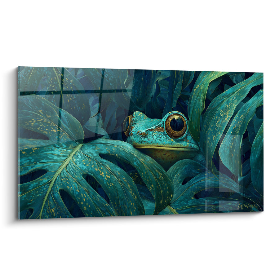 Tableau Grenouille turquoise cachée dans les feuillages - Regard dans la jungle - Edition grenouille