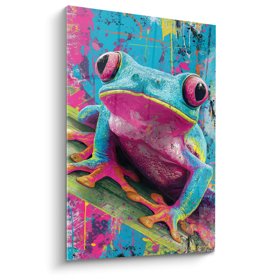 Tableau Grenouille bleu turquoise et rose fuchsia éclaboussée - Éveil tropical vibrant - Edition grenouille