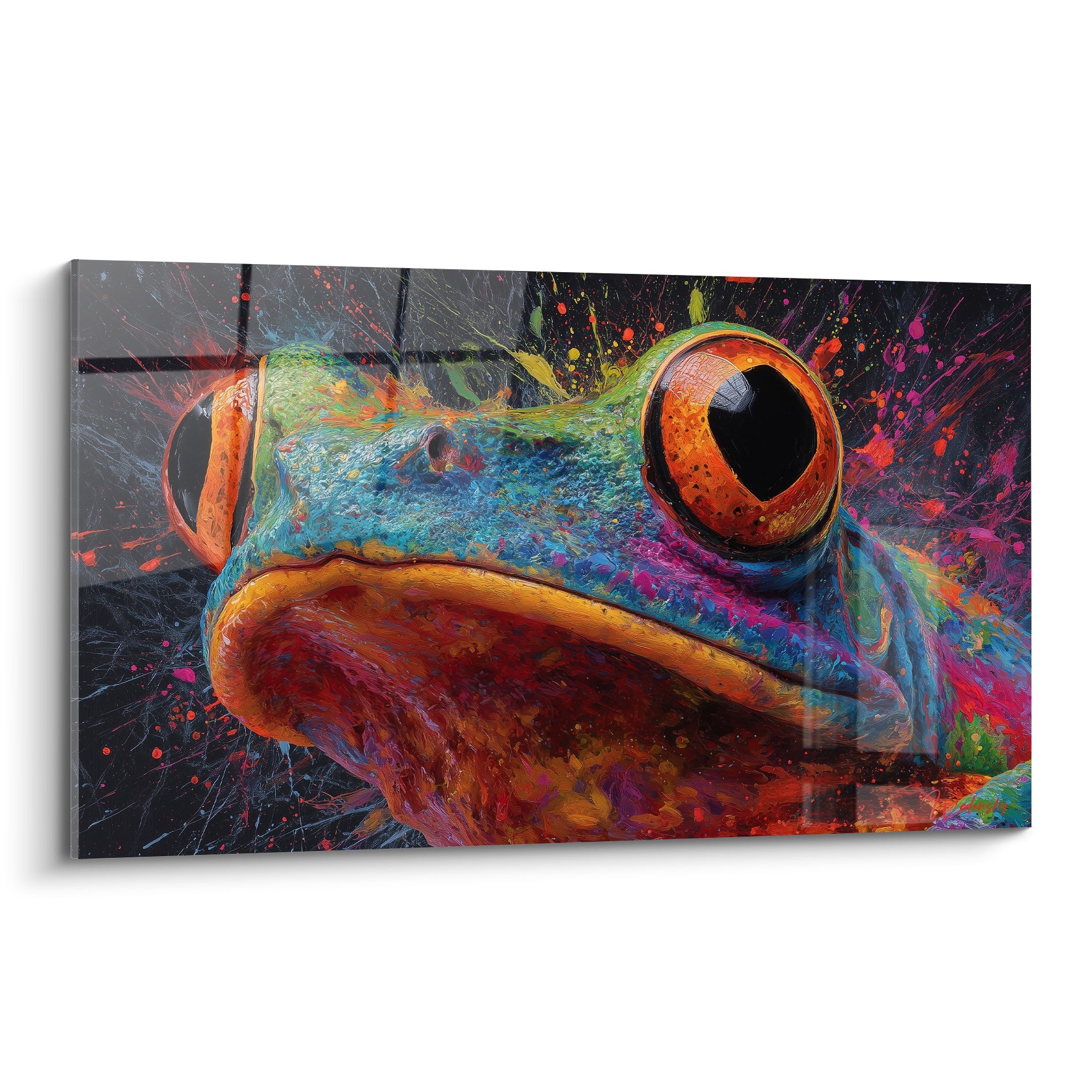Grenouille peinte en turquoise, orangé et magenta, gros yeux noirs sur fond anthracite éclaboussé