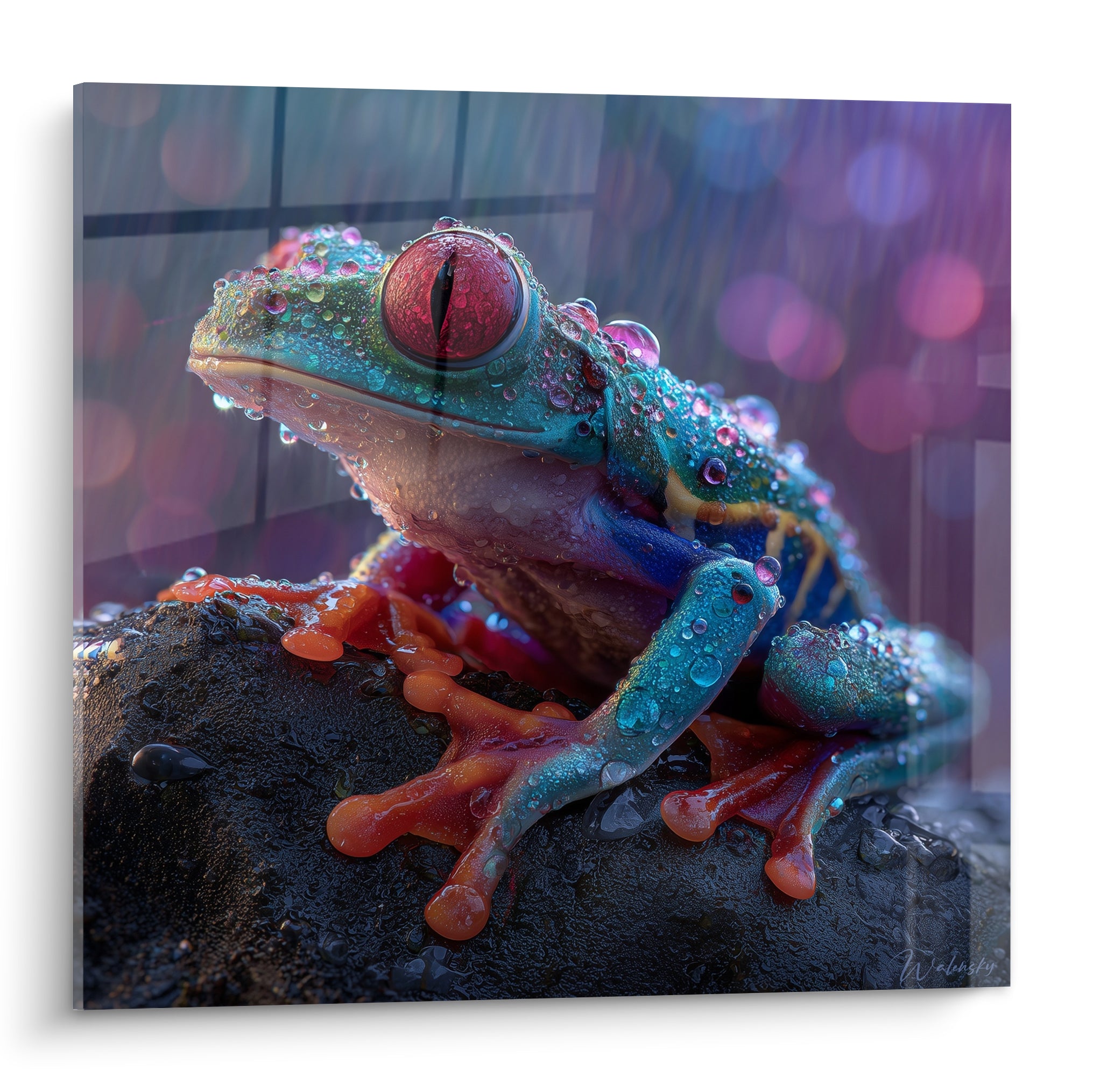 Grenouille turquoise à l'œil rouge perlée de gouttes, posée sur un rocher noir humide