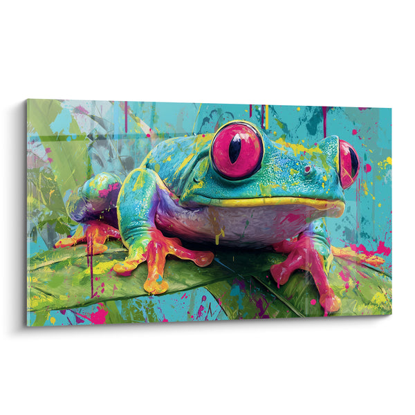 Tableau Grenouille arboricole turquoise et rose sur feuille - Éclaboussure tropicale - Edition grenouille
