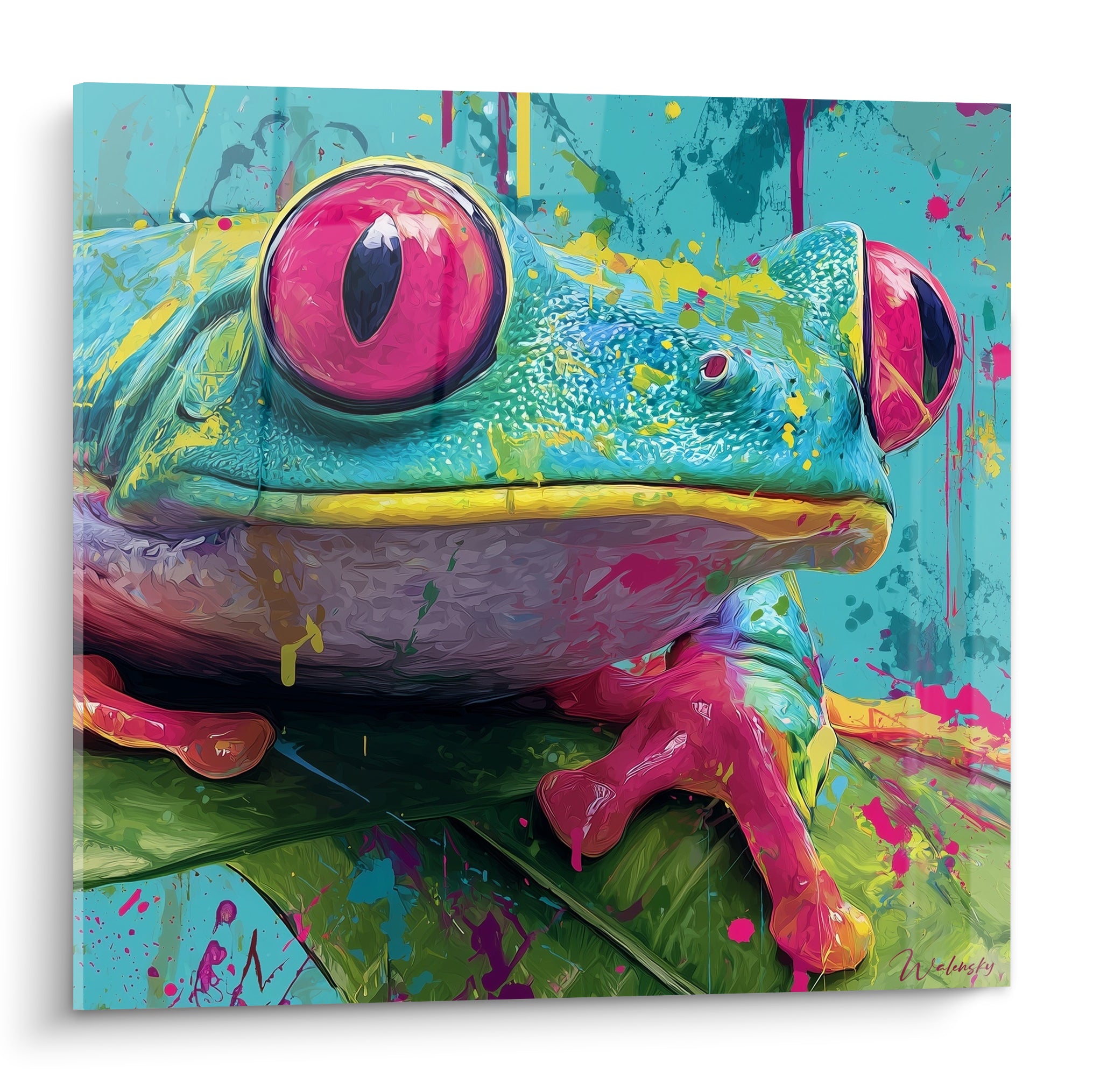 Grenouille turquoise aux yeux roses éclaboussés de peinture jaune sur feuille verte