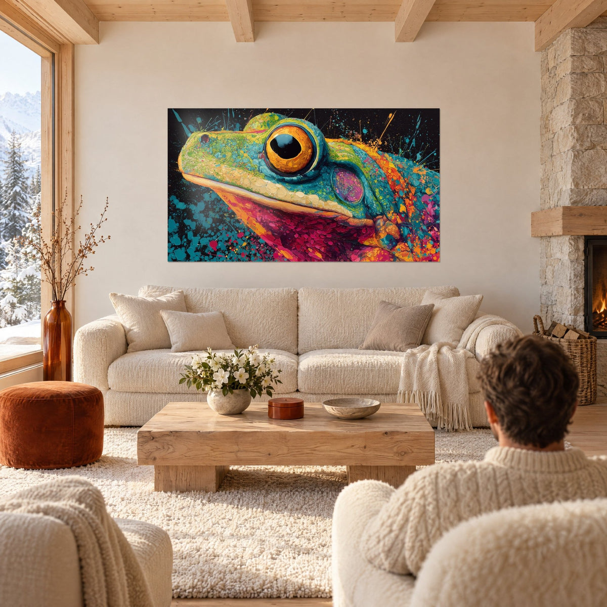 Wall art green frog with a large amber eye, turquoise and fuchsia splashes, couple seen from behind above a sofa in a bright living room