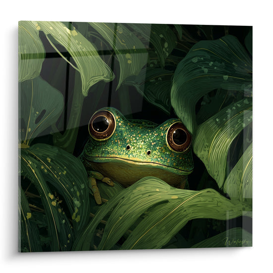 Grenouille vert sauge aux yeux dorés cachée dans un feuillage tropical dense et sombre