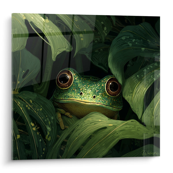 Tableau Grenouille verte dorée entre larges feuilles - Regard tapi - Edition grenouille