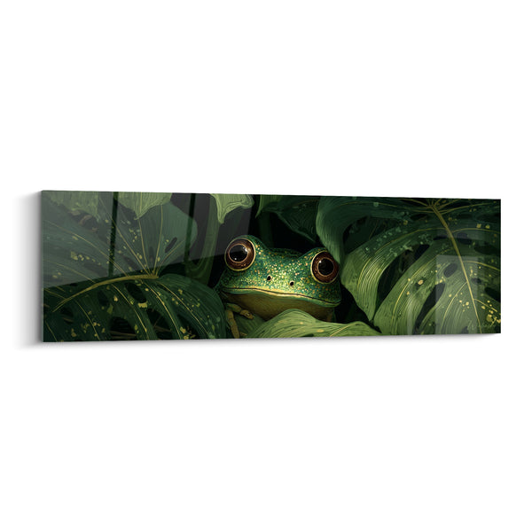 Tableau Grenouille émeraude nichée entre feuilles tropicales - Guet silencieux - Edition grenouille