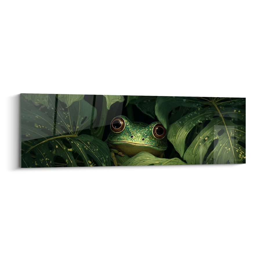 Tableau Grenouille émeraude nichée entre feuilles tropicales - Guet silencieux - Edition grenouille