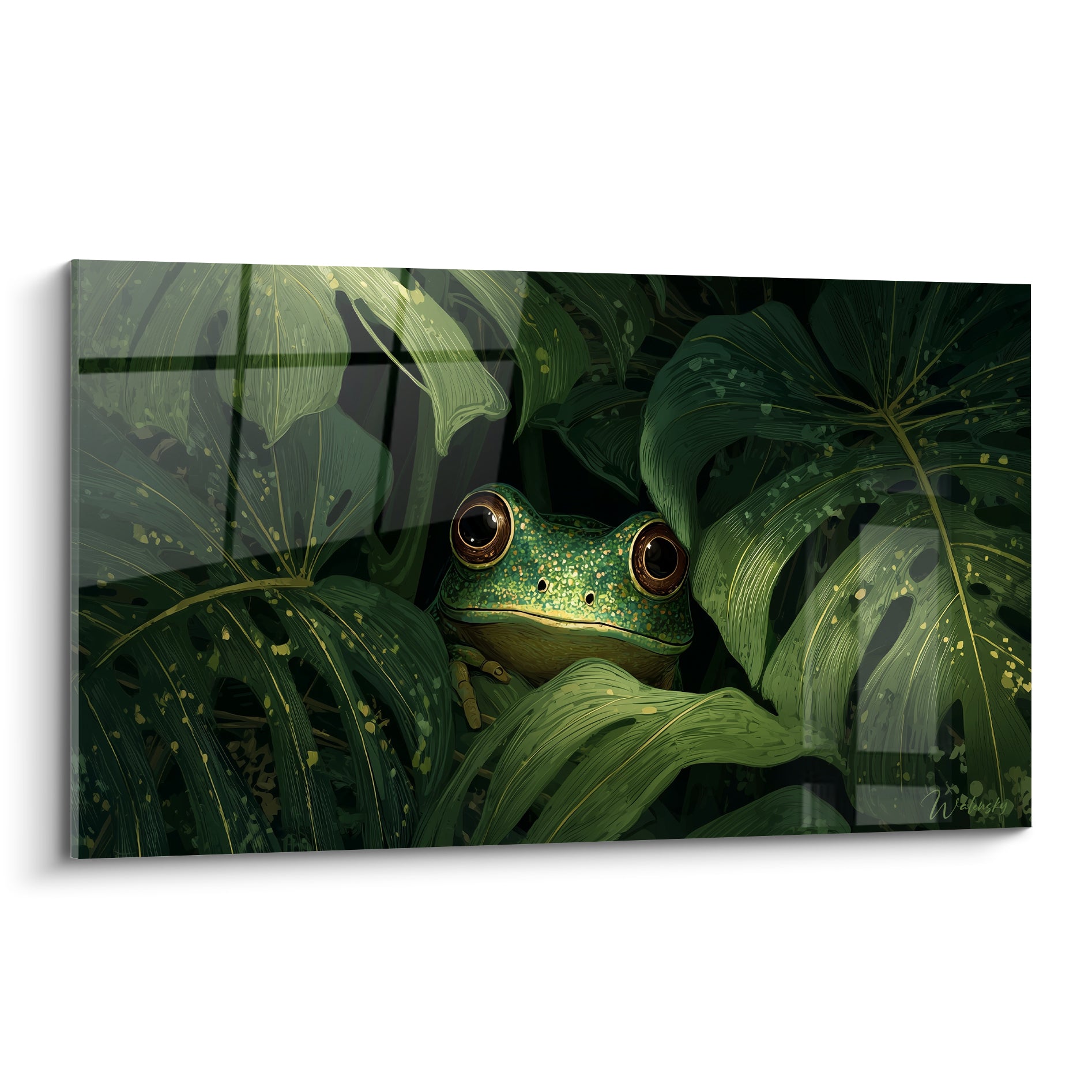 Grenouille verte aux yeux dorés cachée dans un feuillage tropical anthracite et émeraude