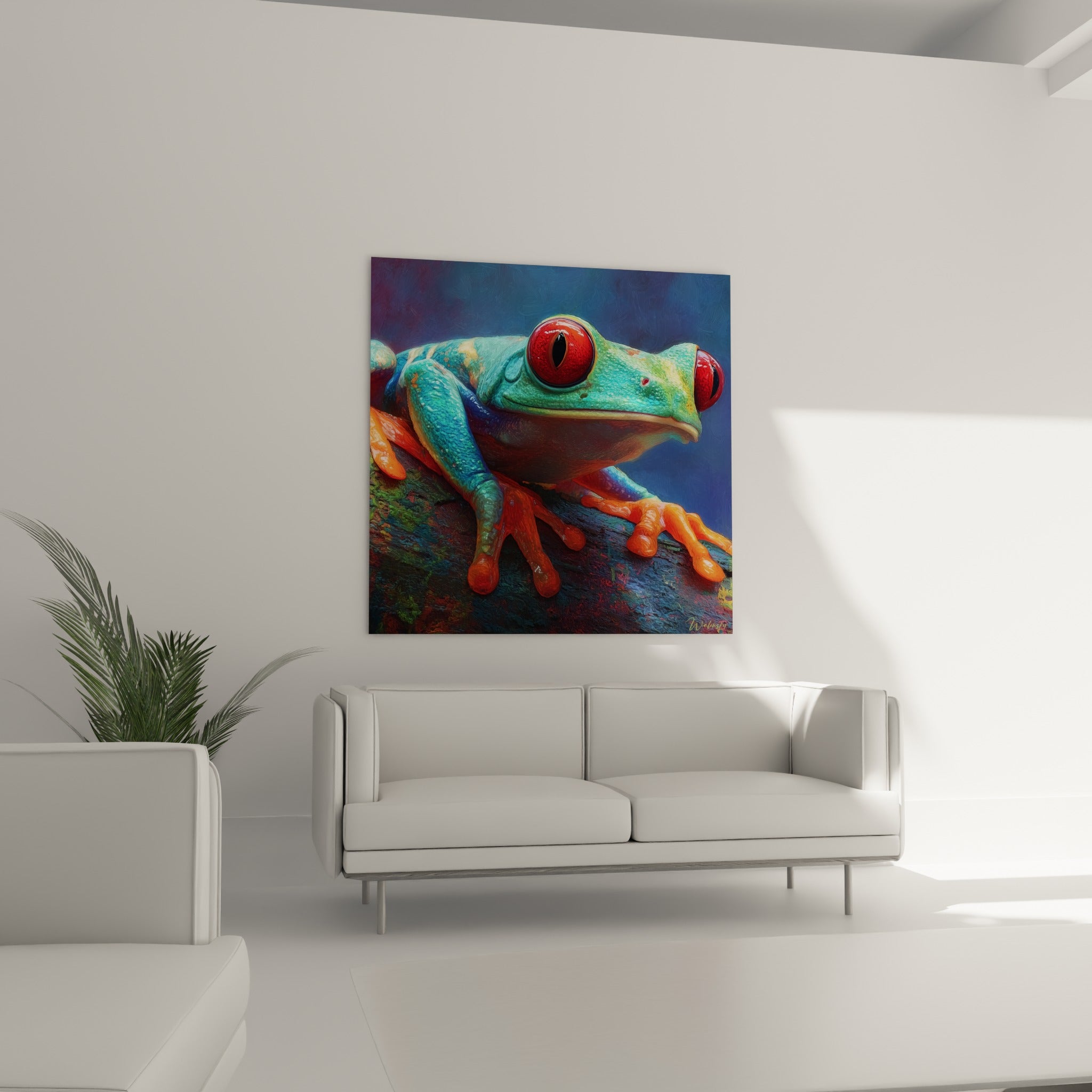 Rainette verte aux pattes orangées et regard rouge intense au-dessus d'un canapé dans un salon lumineux