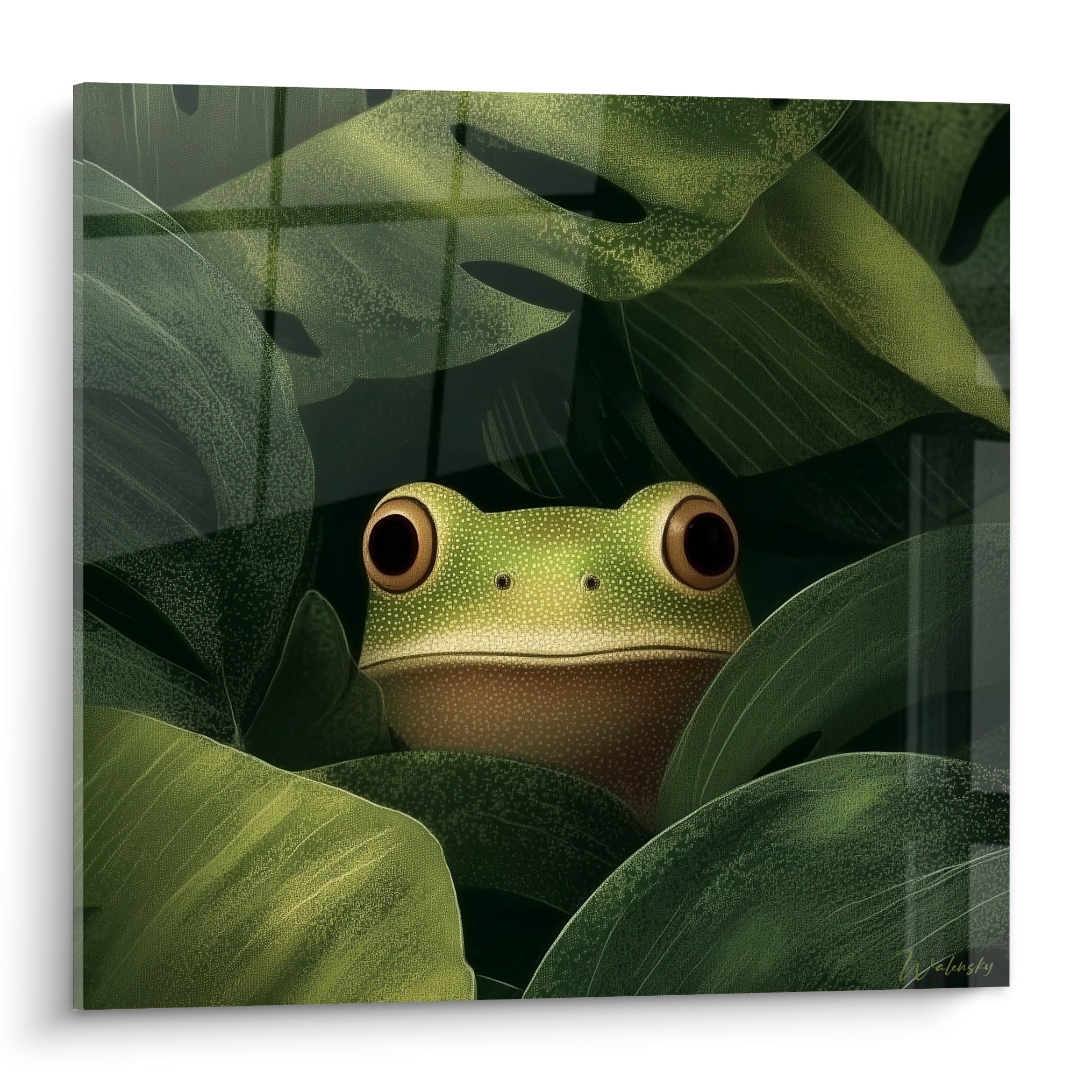 Grenouille verte aux yeux dorés cachée entre feuilles vert forêt et vert olive denses