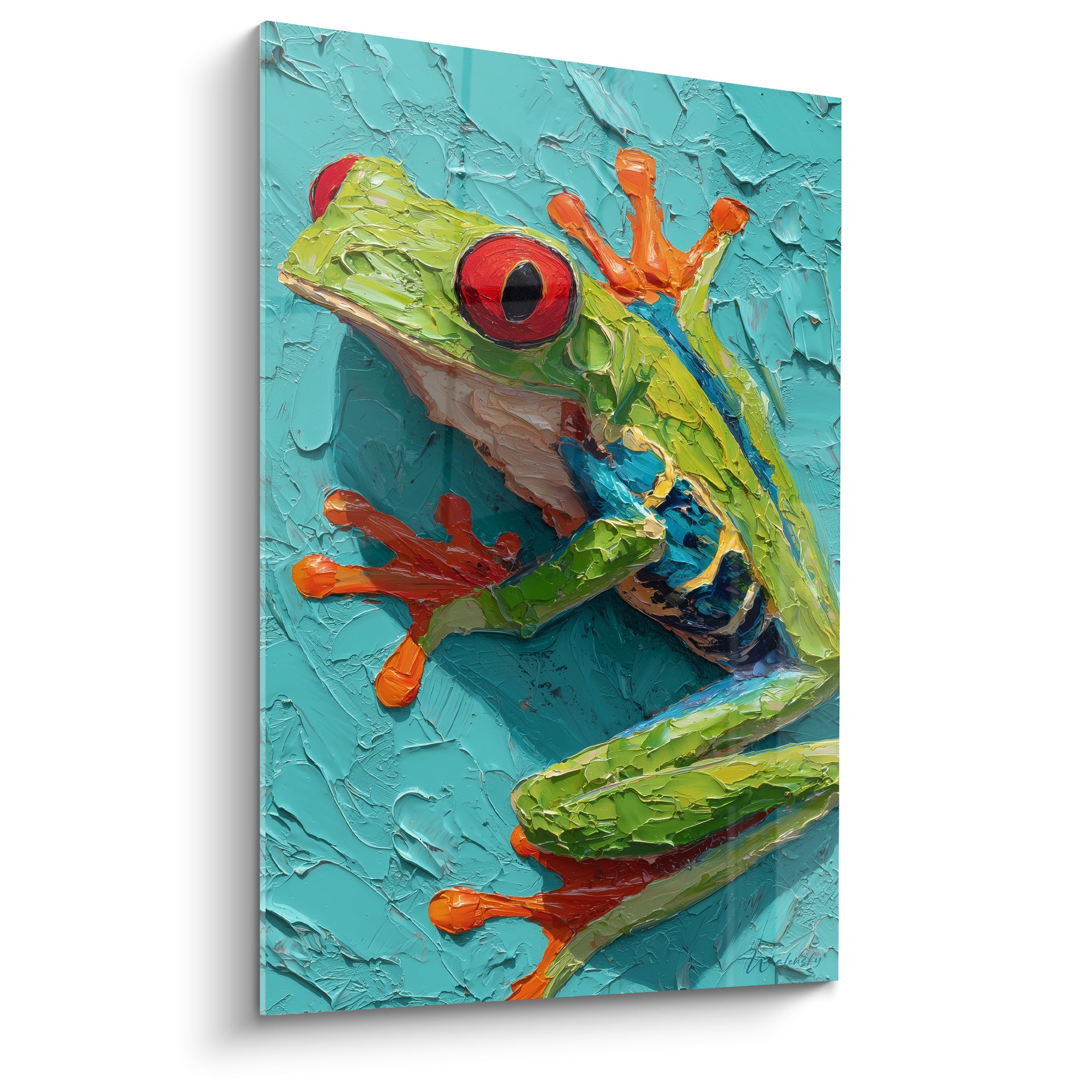 Grenouille verte aux yeux rouges cramponnée sur fond turquoise texturé, pattes orange vif