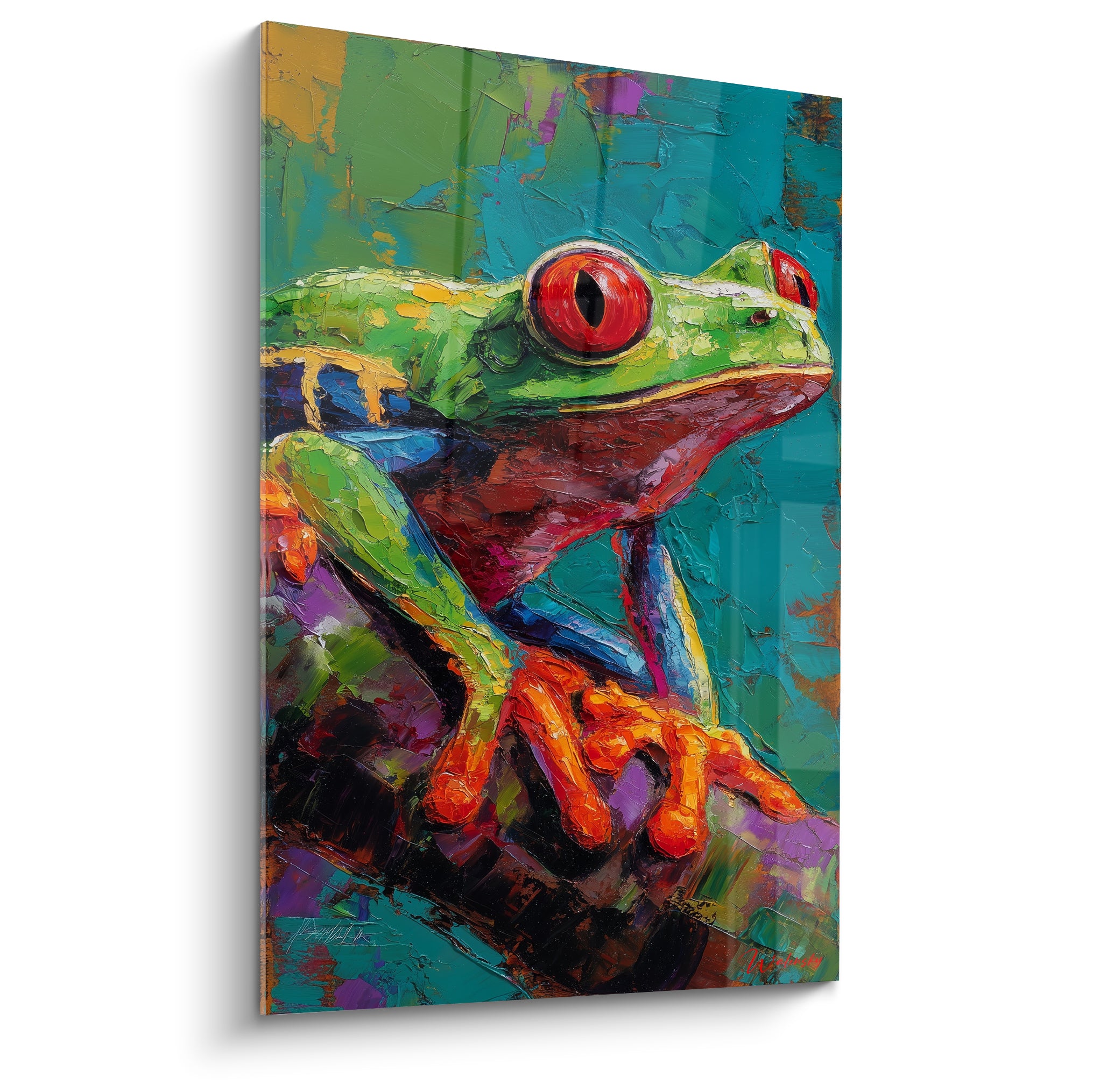 Grenouille verte aux yeux rouges perchée sur une branche, fond turquoise et orange texturé