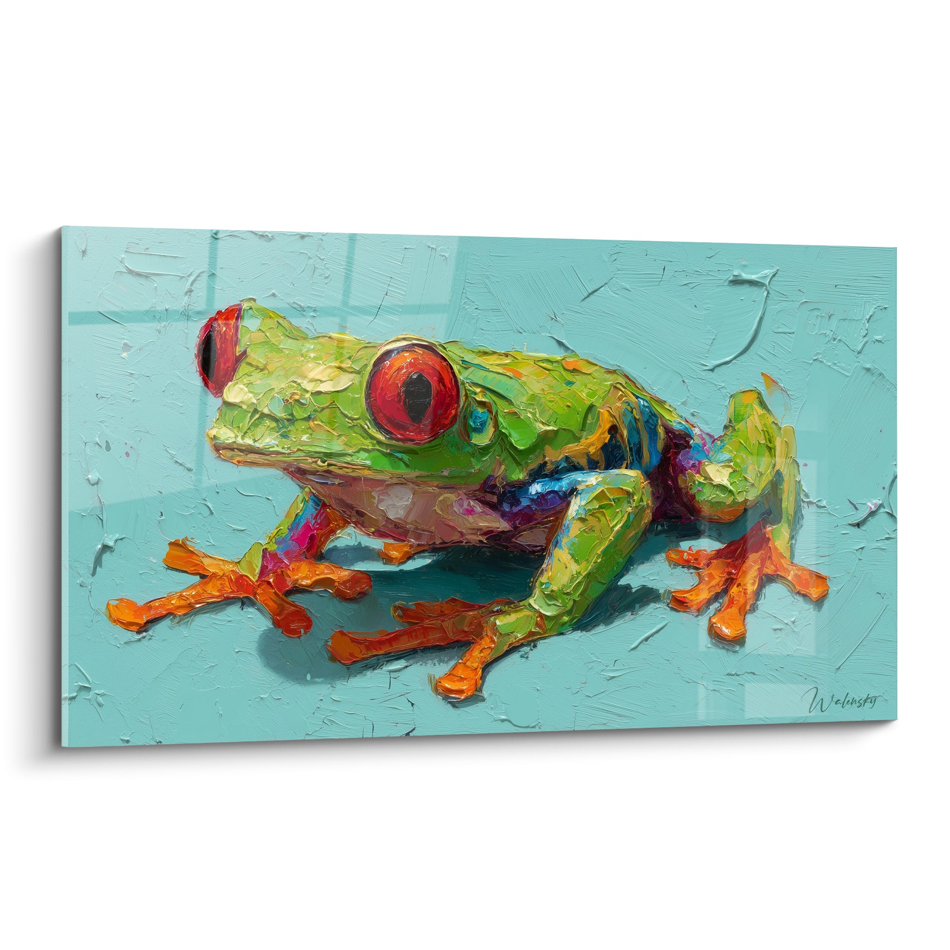 Grenouille verte aux yeux rouges et pattes orange vif sur fond turquoise texturé