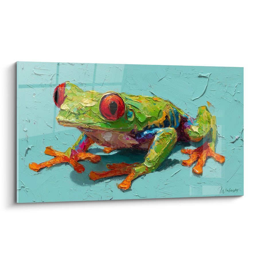 Tableau Rainette verte et orange sur fond turquoise texturé - Empâtements à la spatule - Edition grenouille