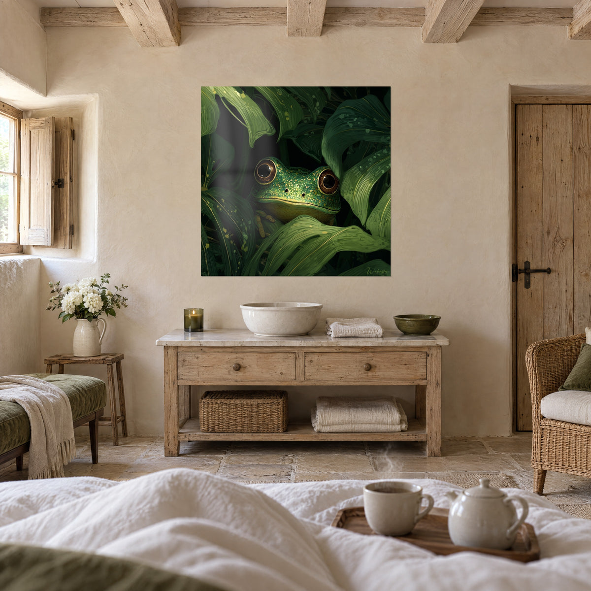 Wall art of a batrachian with large golden eyes hidden among deep green leaves on a black background, above a bed in a bright bedroom