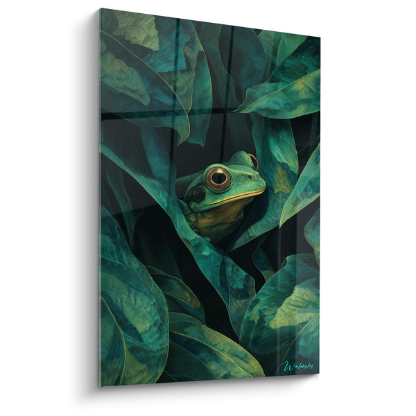 Tableau Verte et noire nichée dans un feuillage dense - Œil doré cerclé - Edition grenouille