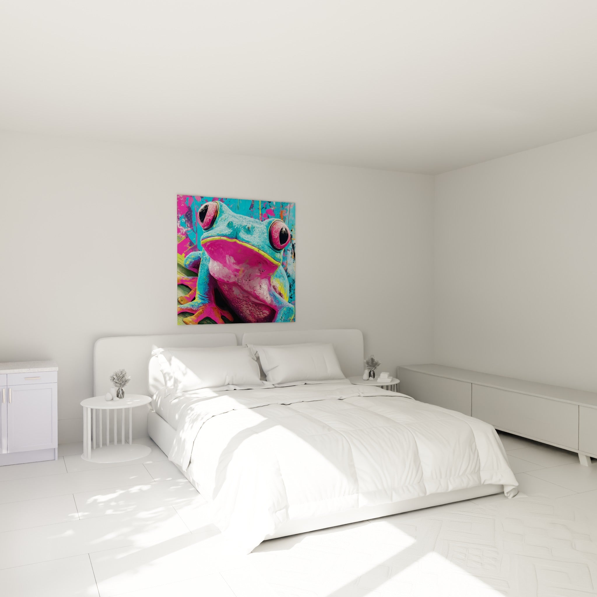 Yeux noirs cerclés de rose sur peau turquoise, tableau grenouille au-dessus d'un lit dans une chambre claire