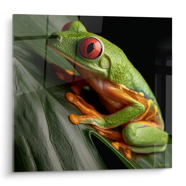 Tableau Rainette verte aux pattes orangées sur feuille - Affût tropical - Edition grenouille