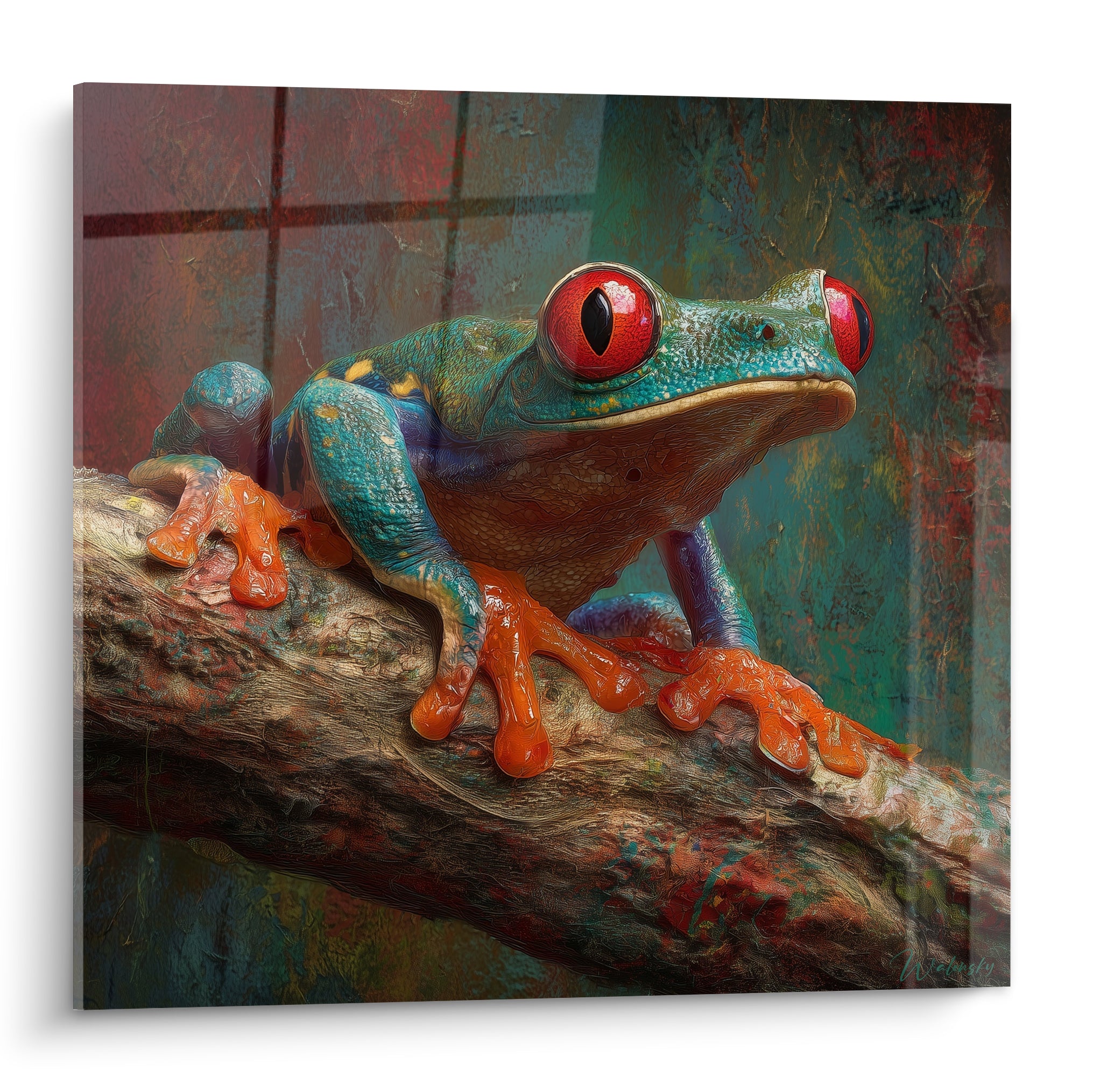 Rainette aux yeux rouges et pattes orange vif posée sur une branche texturée verte et rouille