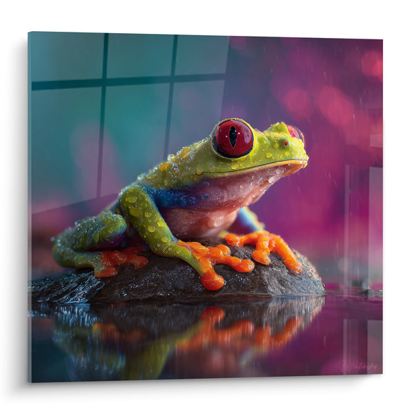 Tableau Grenouille verte aux yeux rouges sur pierre humide - Averse tropicale - Edition grenouille