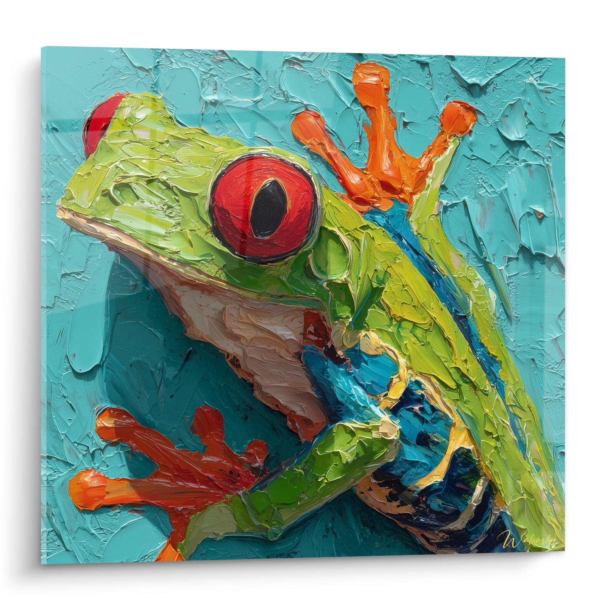 Grenouille verte aux yeux rouges et pattes orange sur fond turquoise texturé au couteau
