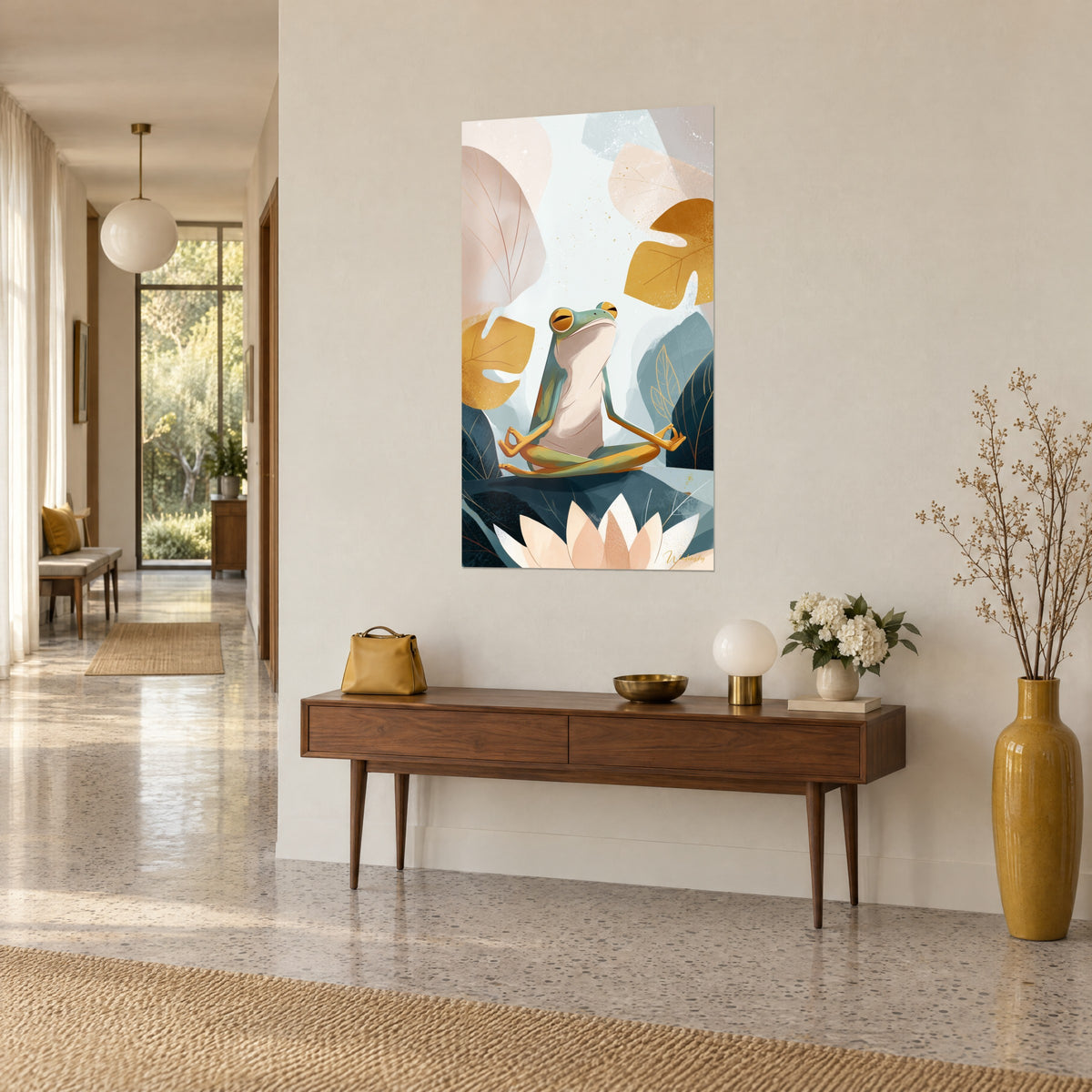 Wall art green amphibian meditating on a powdery pink petal, large mustard leaves, wooden console and gold vase in a hallway