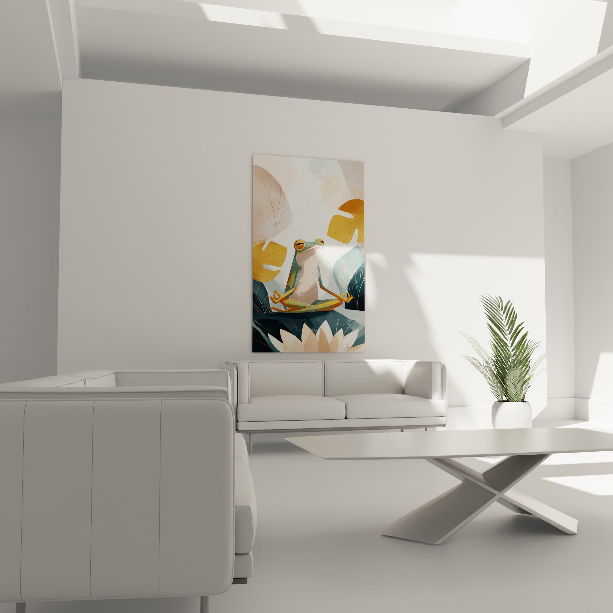 Animal serein aux teintes dorées et roses, mains jointes en méditation, au-dessus d'un canapé dans un salon lumineux.