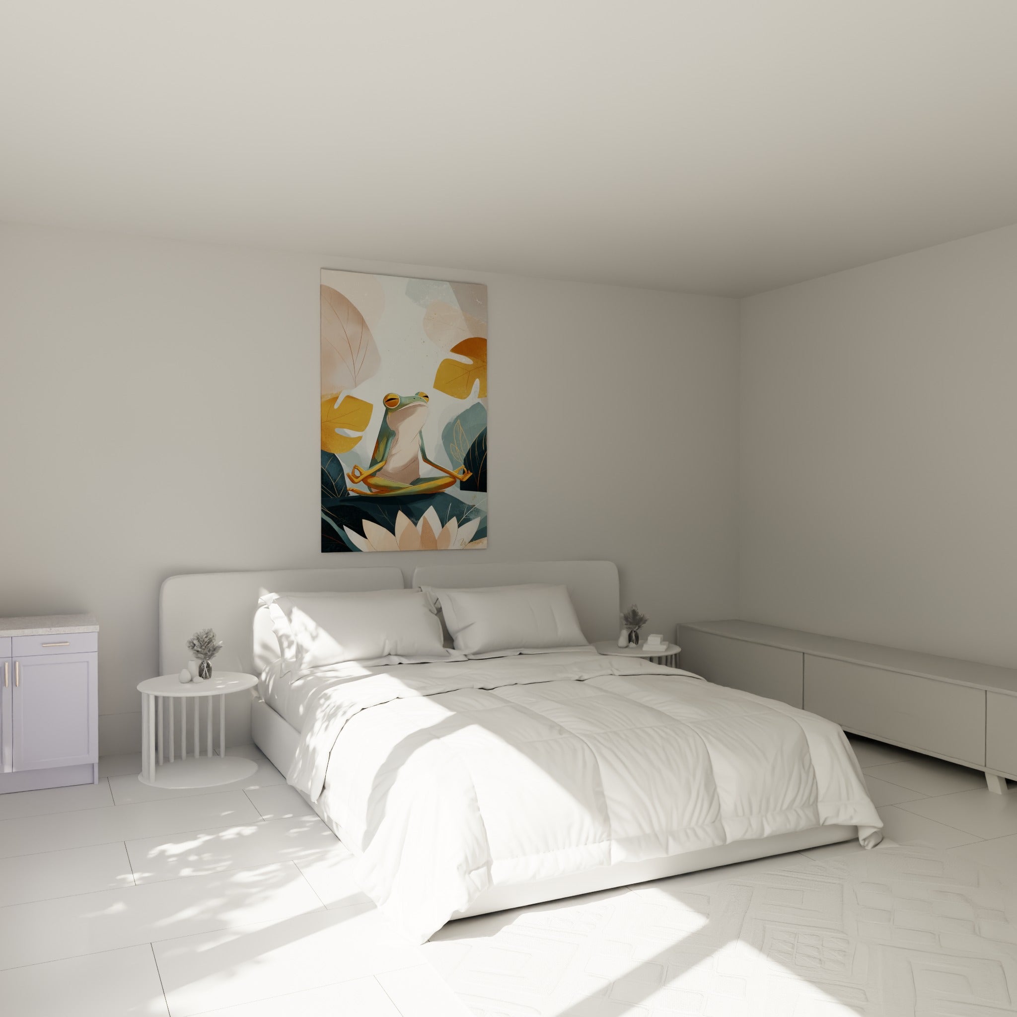 Batracien vert en posture de méditation aux couleurs ocre et bleutées, au-dessus d'un lit dans une chambre claire.