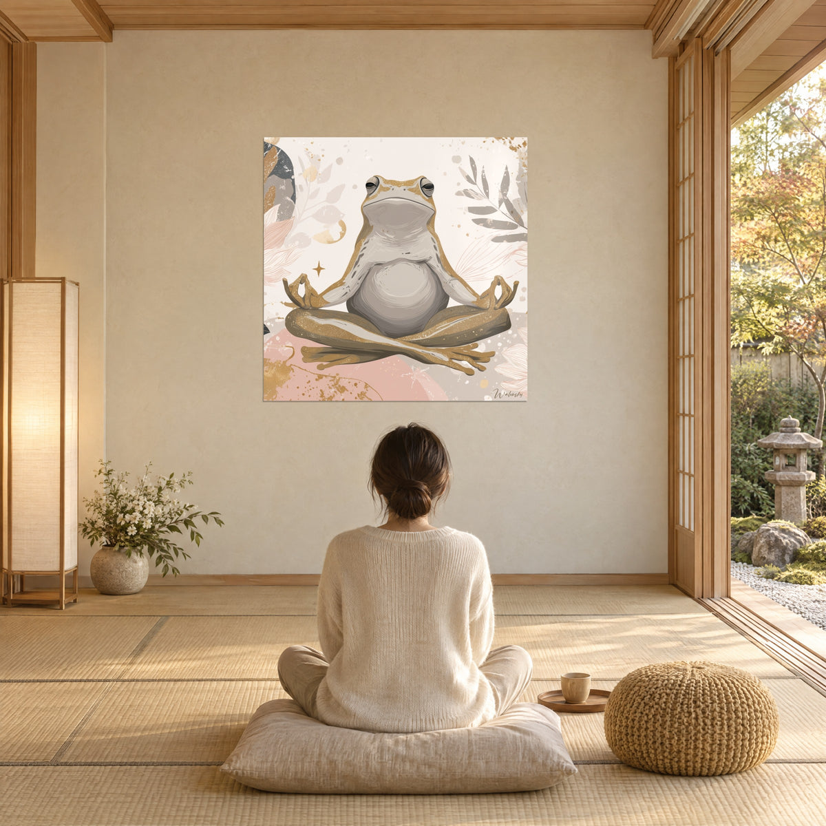 Gemälde Gelassener Frosch, umrahmt von taupefarbenen Blättern und rosa Lotus, gegenüber einer Frau von hinten, die auf einem Kissen sitzt