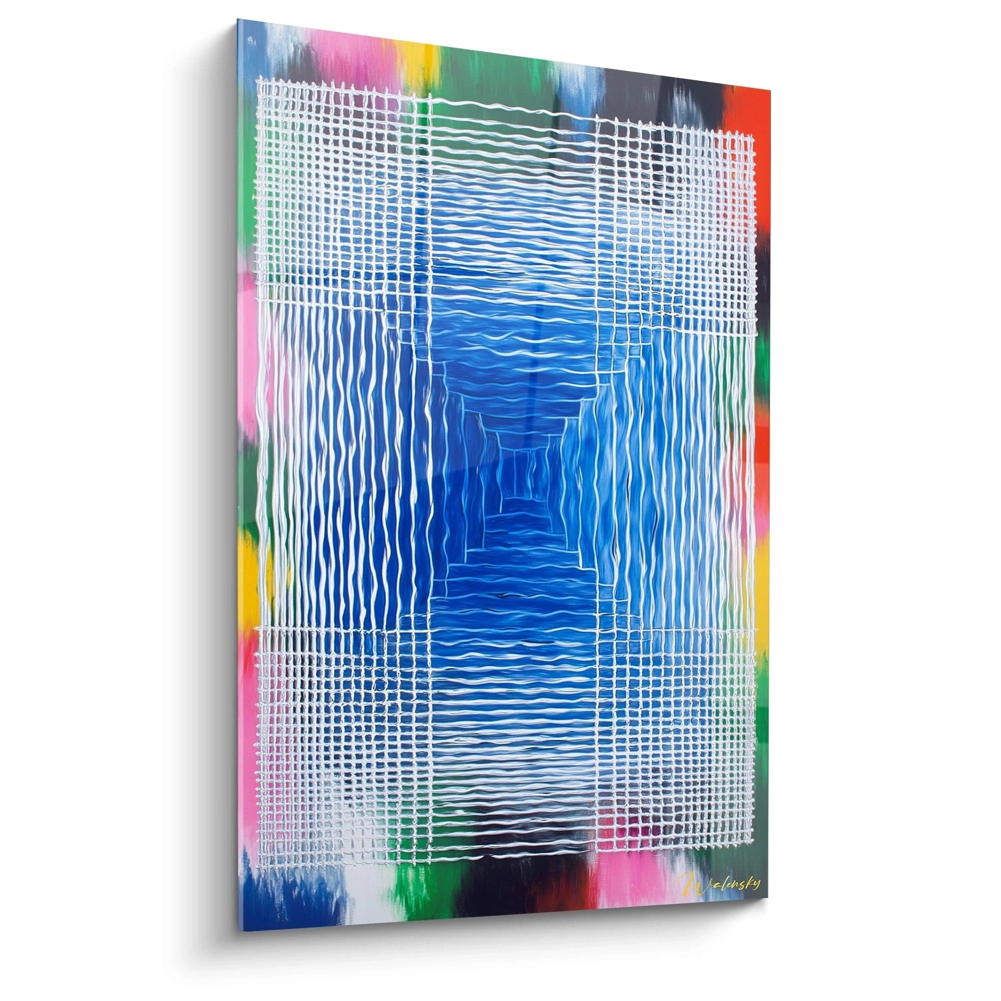 Tableau mural Walensky tableau op art perspective bleu avec motifs ondulés blancs formant illusion optique et bordures colorées
