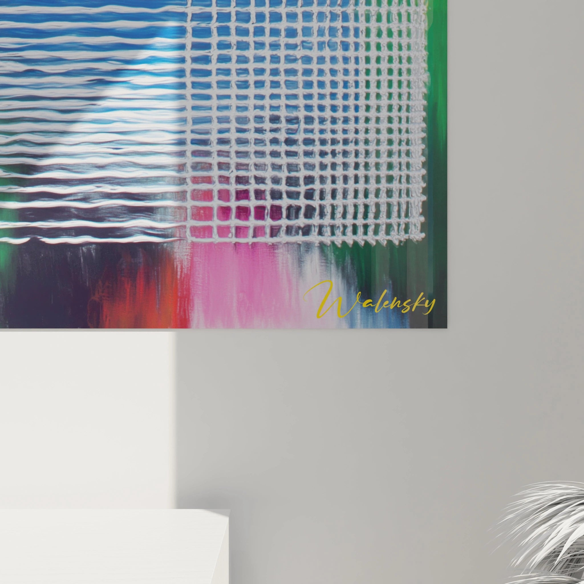Tableau mural Walensky abstrait avec grille et vagues colorees bleu vert rose tableau op art perspective