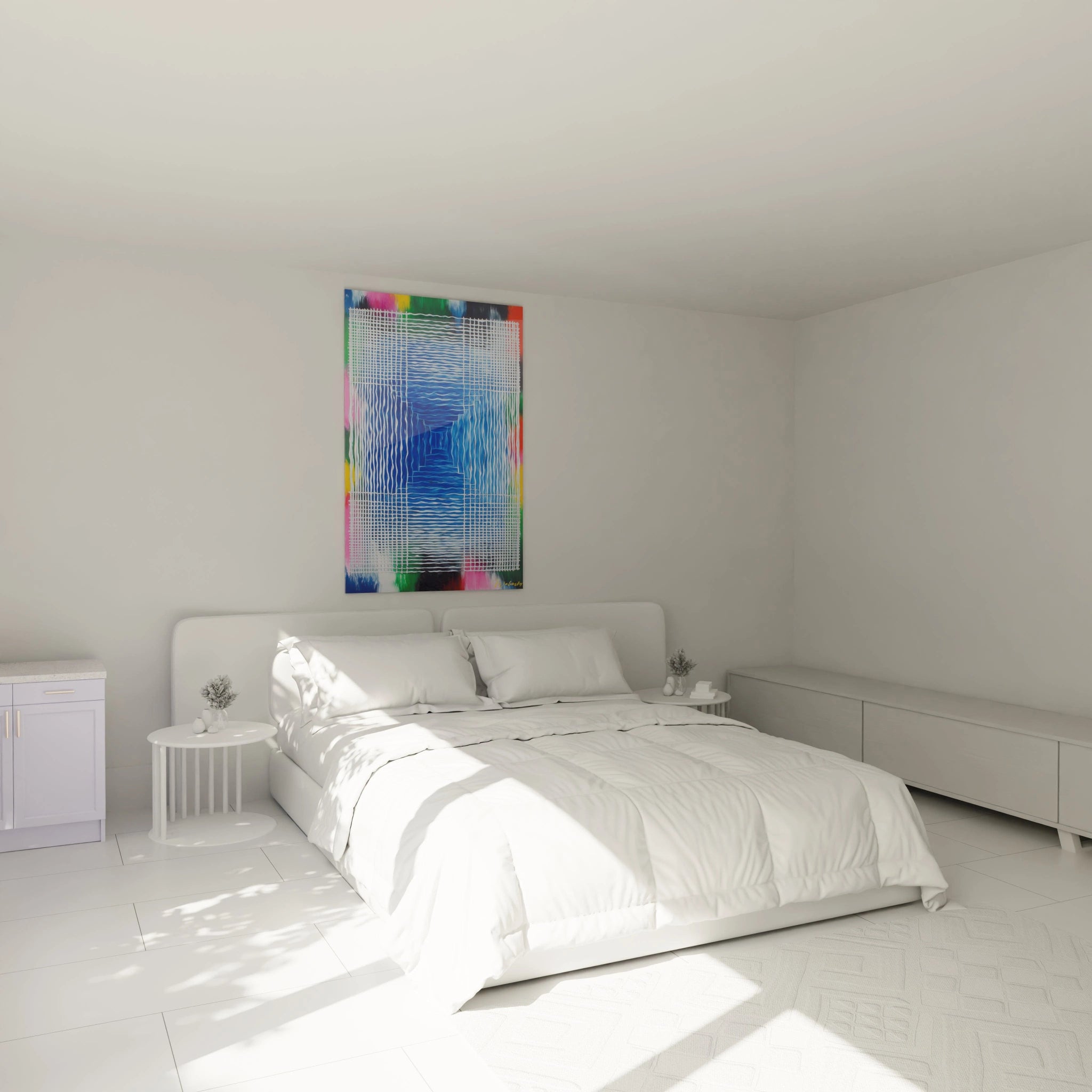 tableau op art perspective Walensky accroché au-dessus d'un lit blanc minimaliste dans une chambre lumineuse