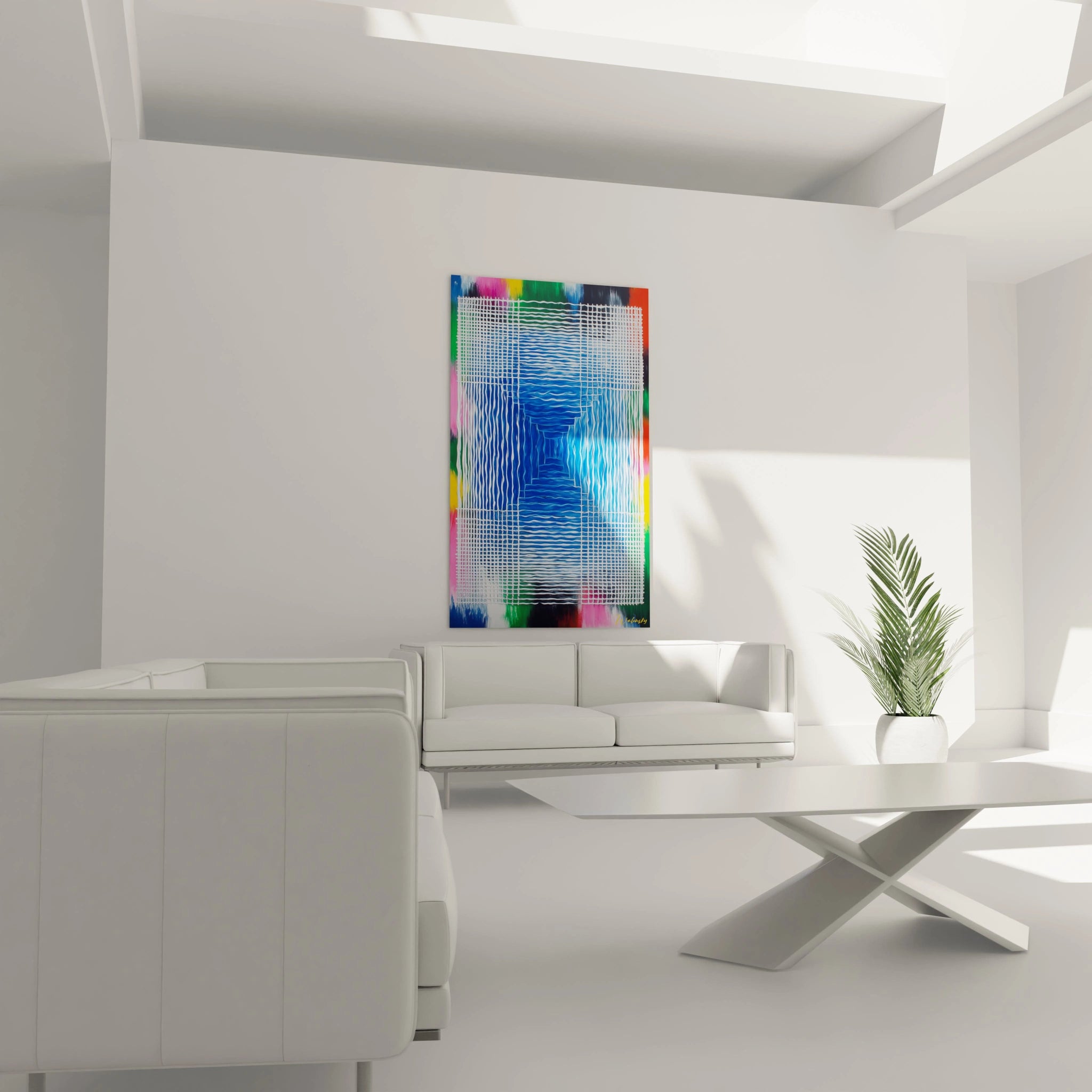 Tableau mural Walensky tableau op art perspective coloré abstrait bleu et multicolore pour salon moderne