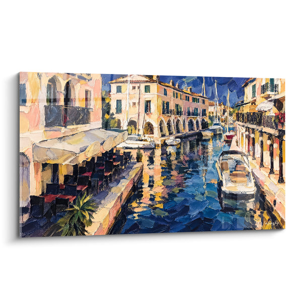 Gemälde Hafen der Provence mit blaugrauen und ockerfarbenen Reflexen - Abend am Hafen - Edition Grimaud Provence-Alpes-Côte d'Azur Frankreich