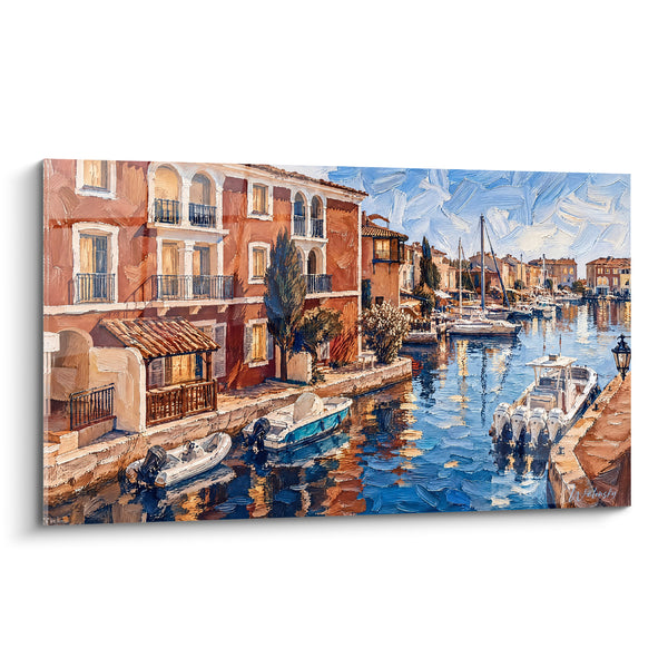 Tableau Canal de Grimaud terracotta et bleu, bateaux amarrés - Douceur méditerranéenne - Edition Grimaud Provence-Alpes-Côte d'Azur France