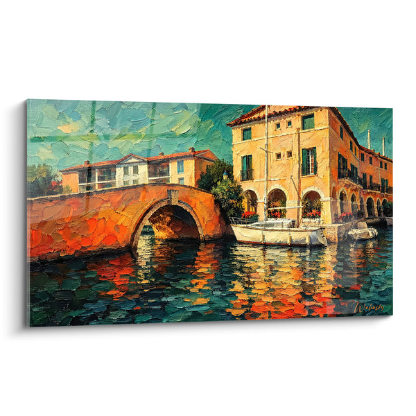 Tableau Port provençal orangé et turquoise au pont de pierre - Escale au couchant - Edition Grimaud Provence-Alpes-Côte d'Azur France