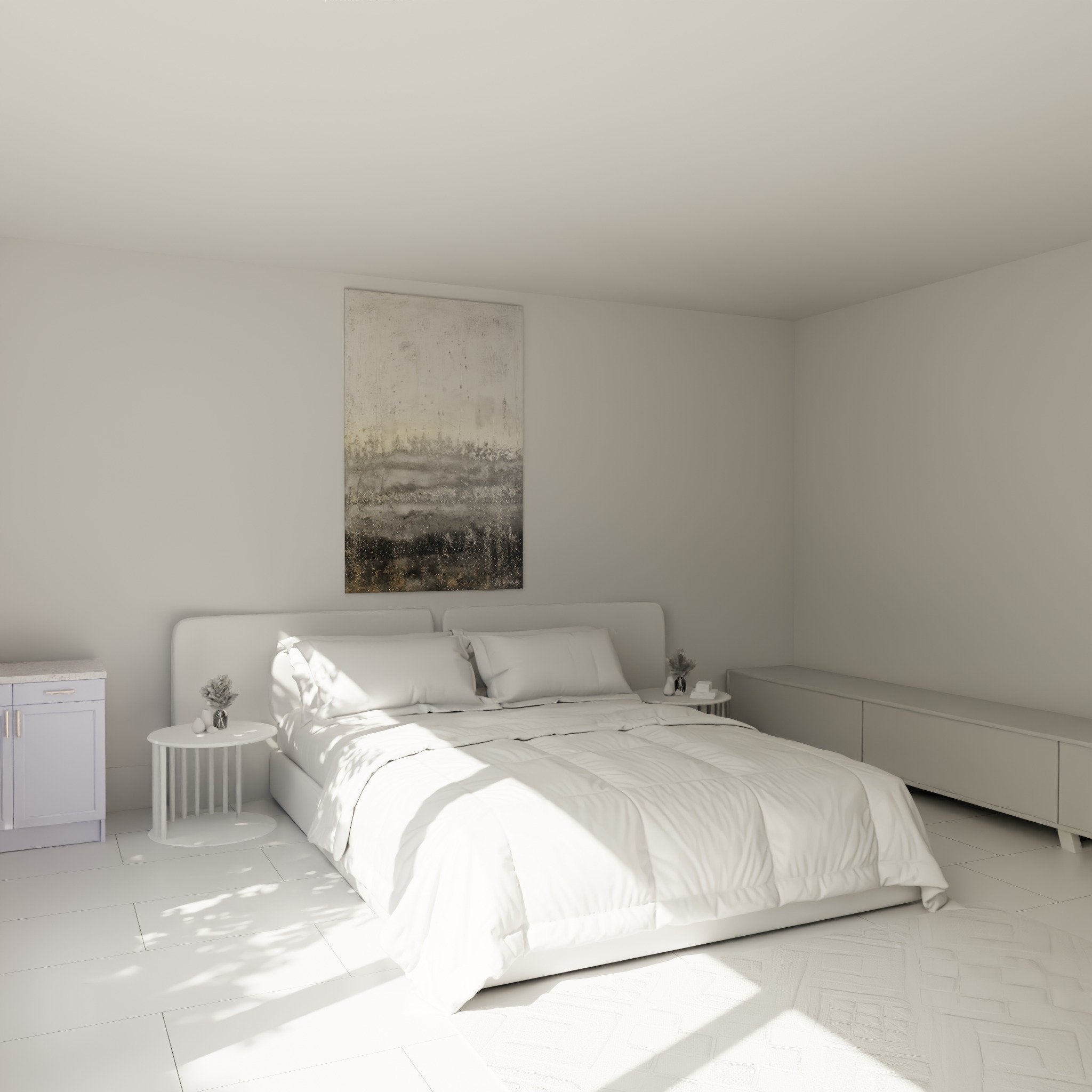 Abstract gray canvas in modern bedroom wall decor soothing feng shui west metal