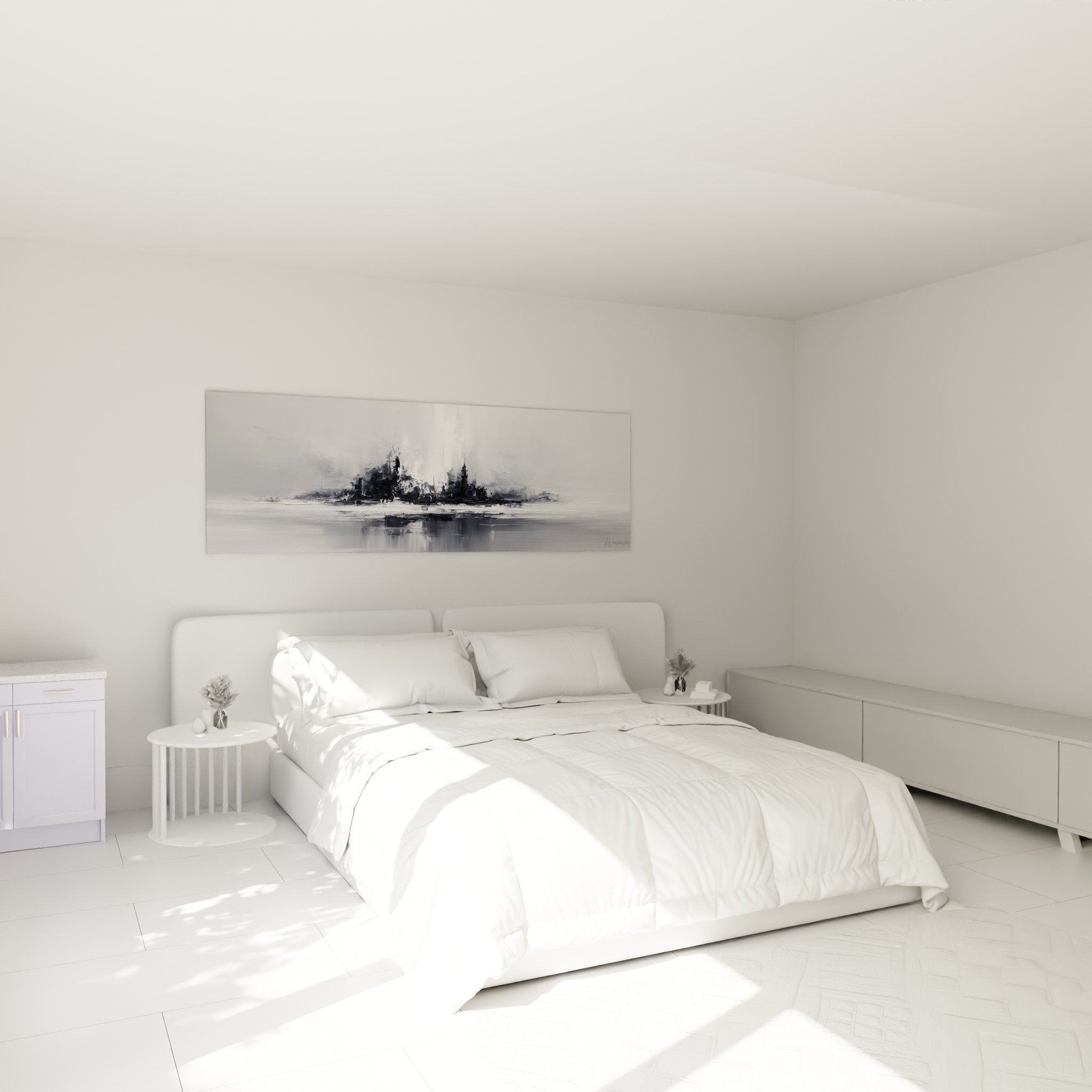 Abstract urban grey wall art in modern bedroom, soothing ambiance with water reflections and mist