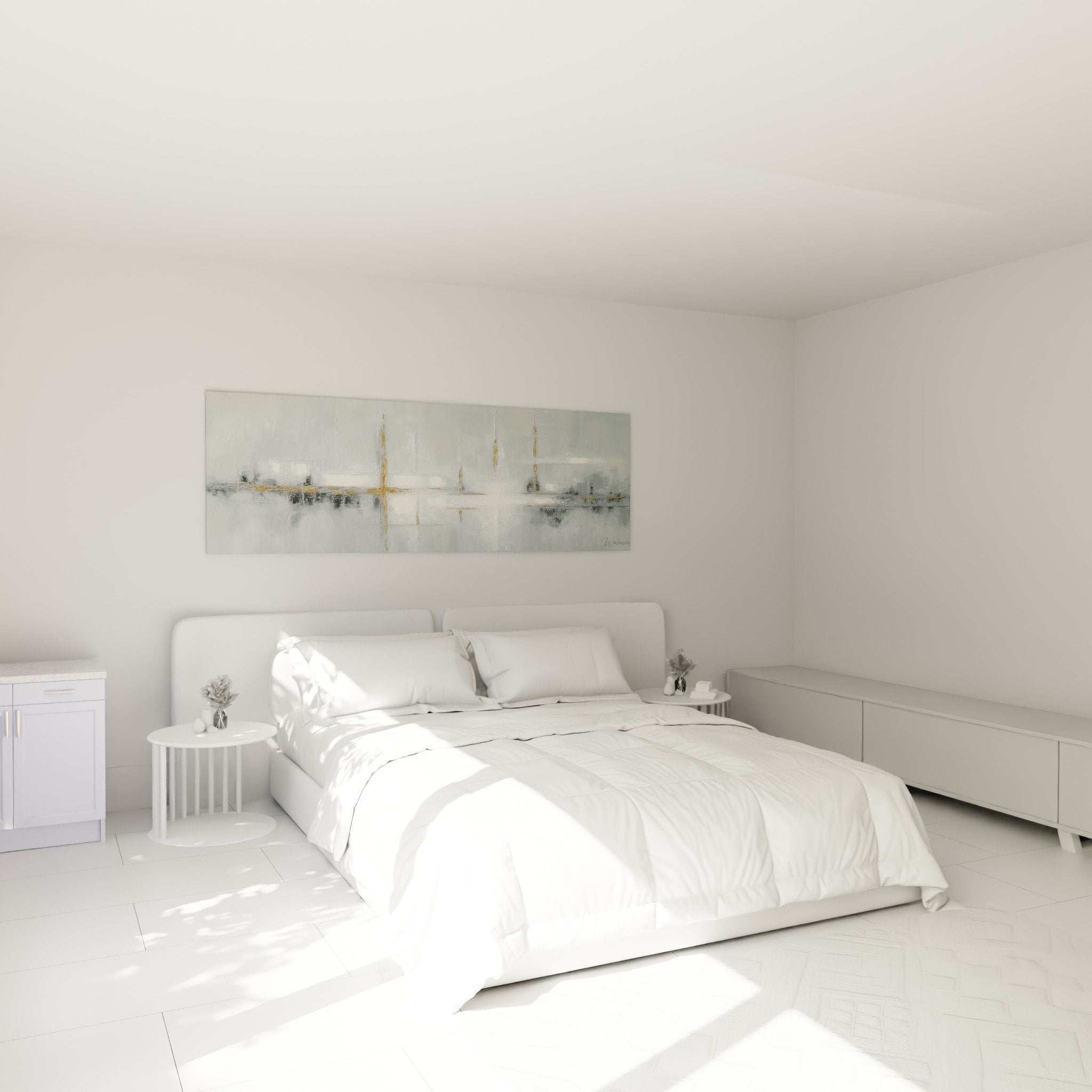 Tableau abstrait gris et dore au dessus lit chambre decoration feng shui nord ouest metal