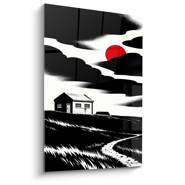 Quadro Casetta bianco e nero con sole rosso - Veglia sulla brughiera - Edizione Groix Bretagna Francia
