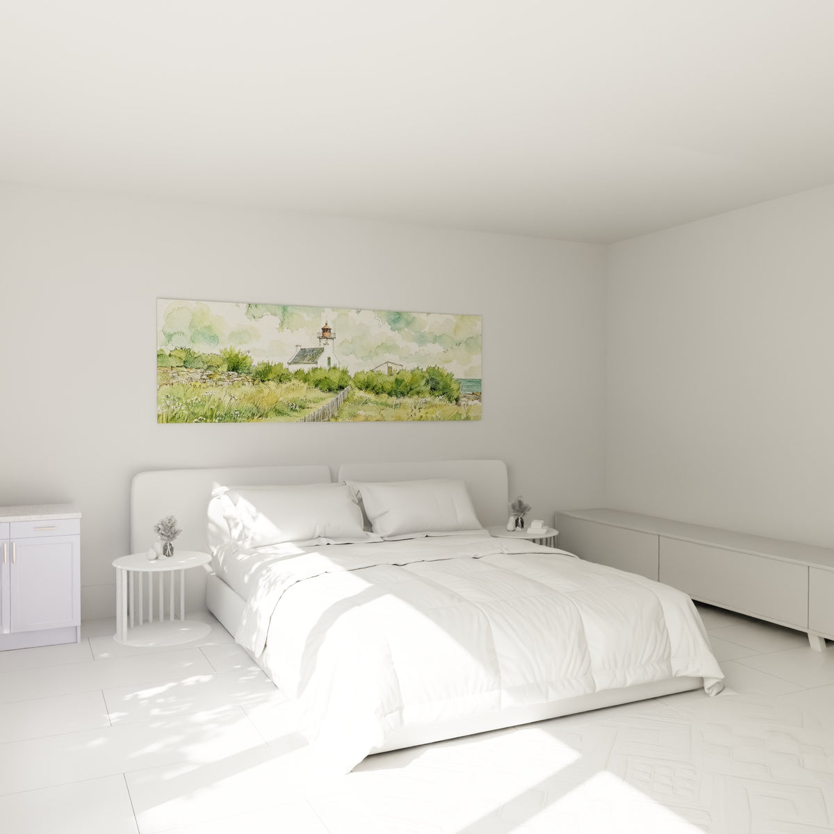 Maison de gardien et phare en aquarelle verte accrochés au-dessus d'un lit dans une chambre claire