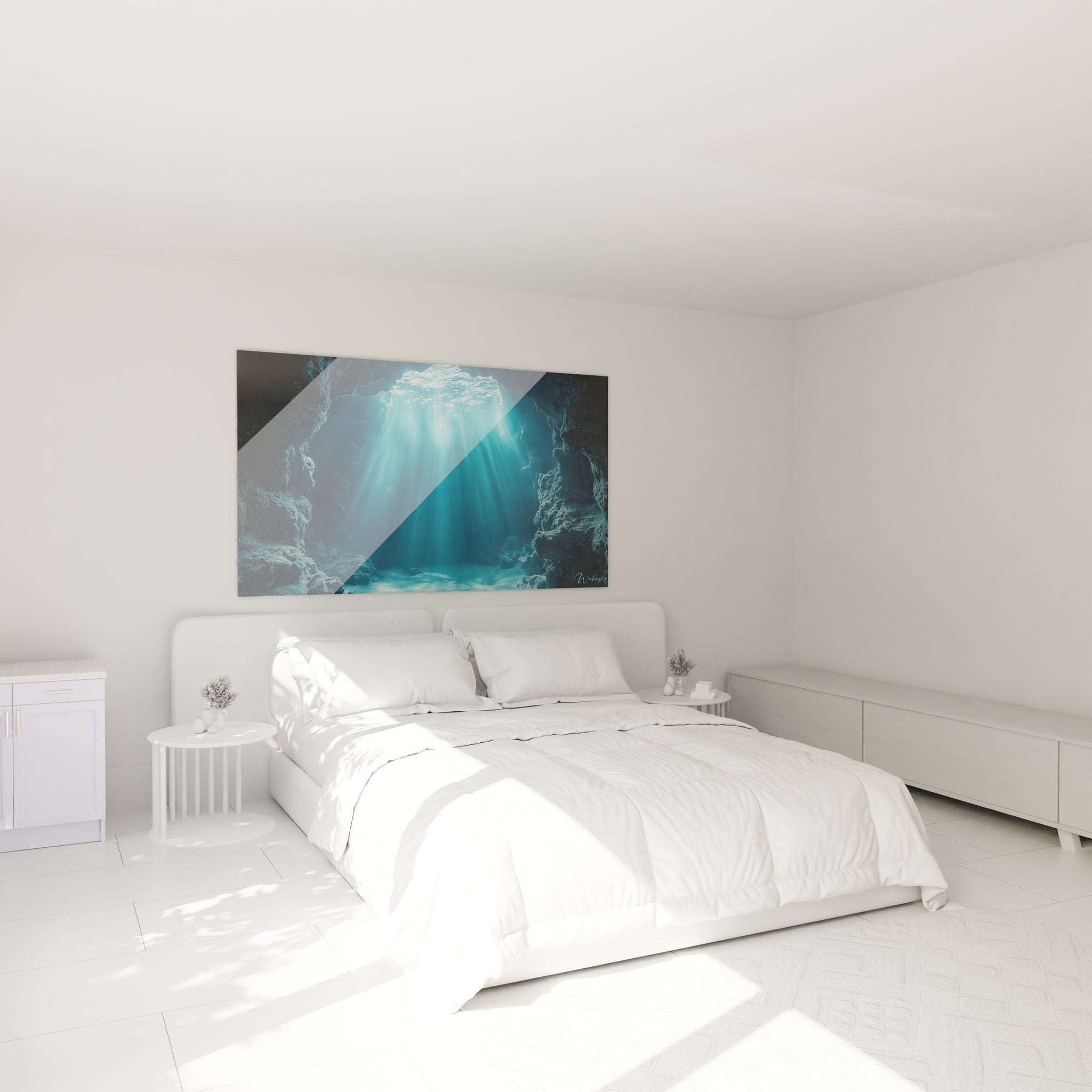 Tableau grotte aquatique dans ambiance chambre moderne, décoration murale marine apaisante