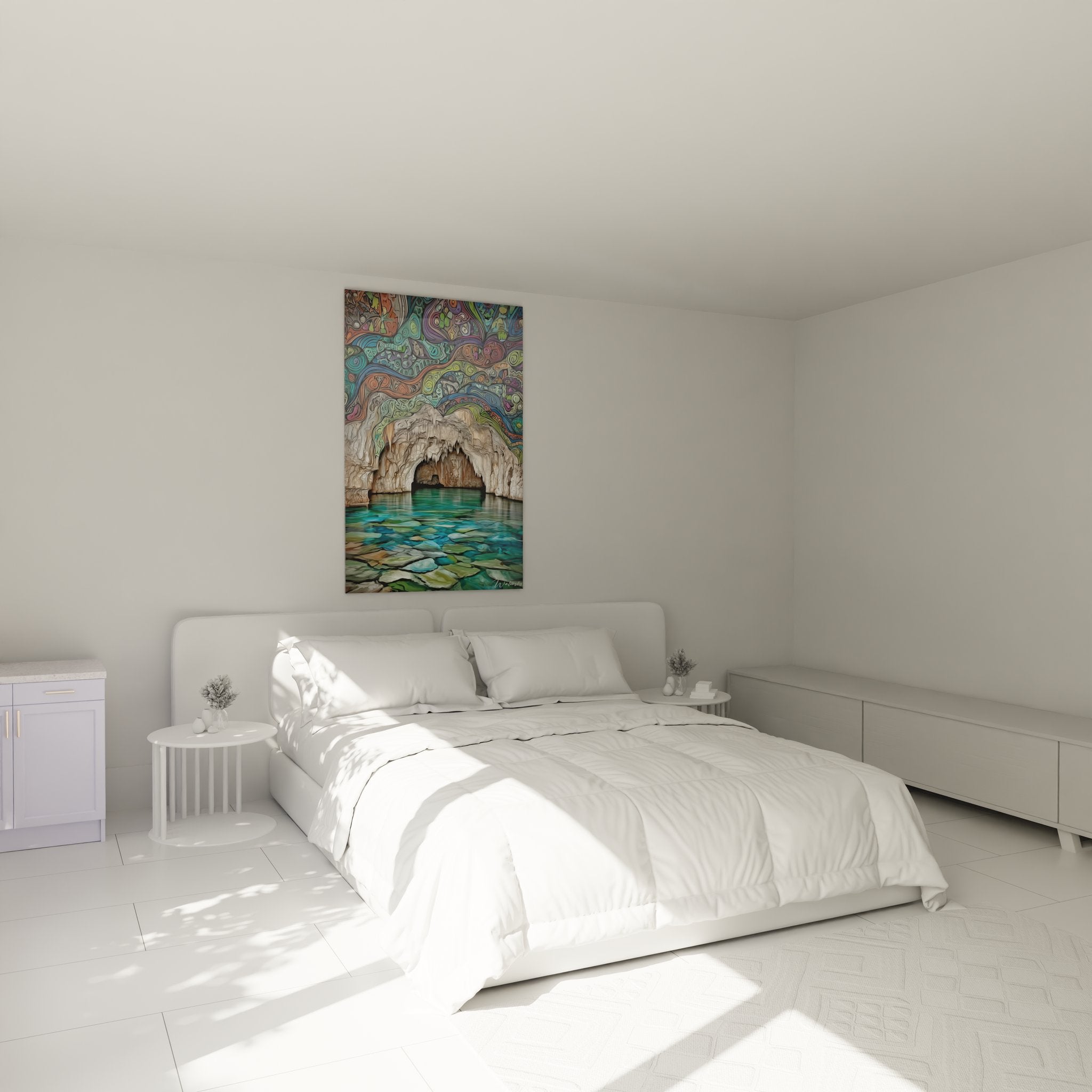 Ambiance chambre avec tableau grotte marine psychédélique aux arabesques colorées et reflets aquatiques