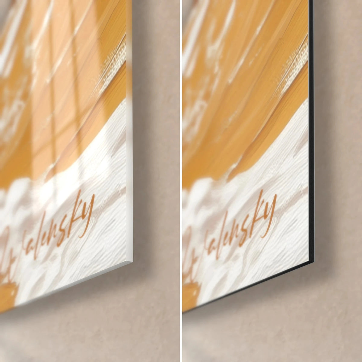 Tableau déferlante crème et orange fondu, coin bas droit signé Walensky, verre brillant à gauche, Dibond mat à droite