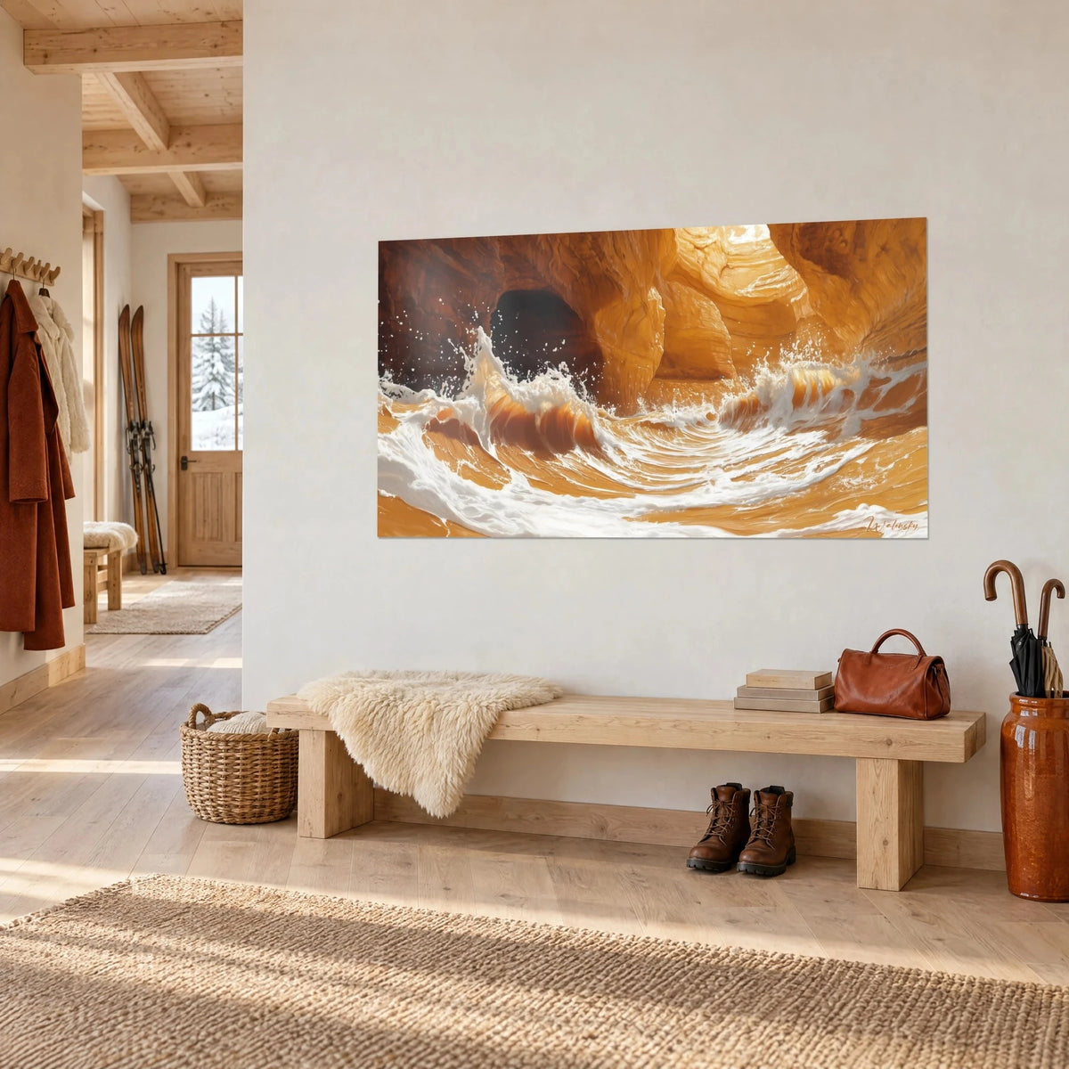 Tableau gorge de grès sculpté par les flots, tourbillon de mousse blanche sur eau ambre, face à une banquette en bois du chalet