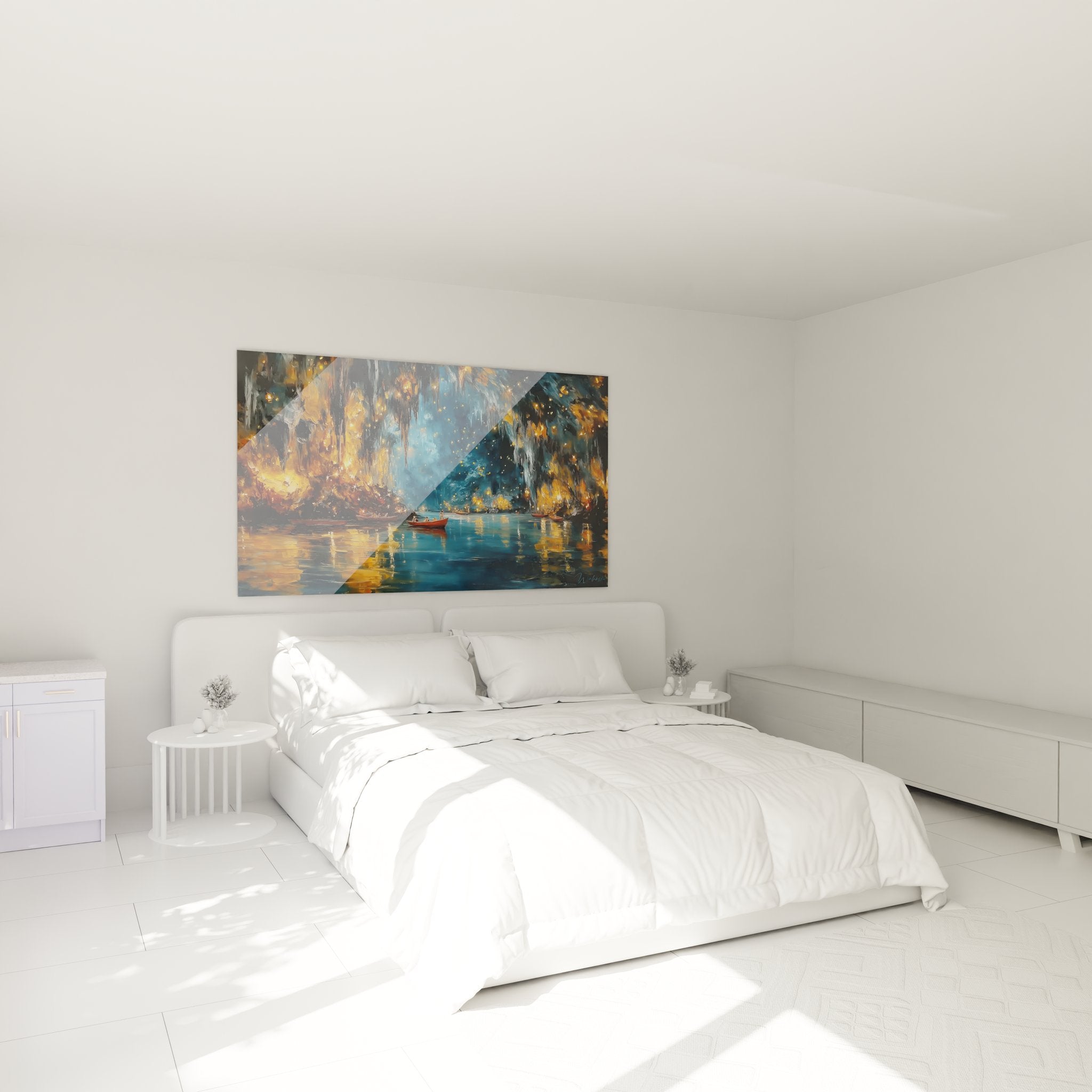 Ambiance chambre avec tableau grotte marine barques reflets dorés décoration murale nature