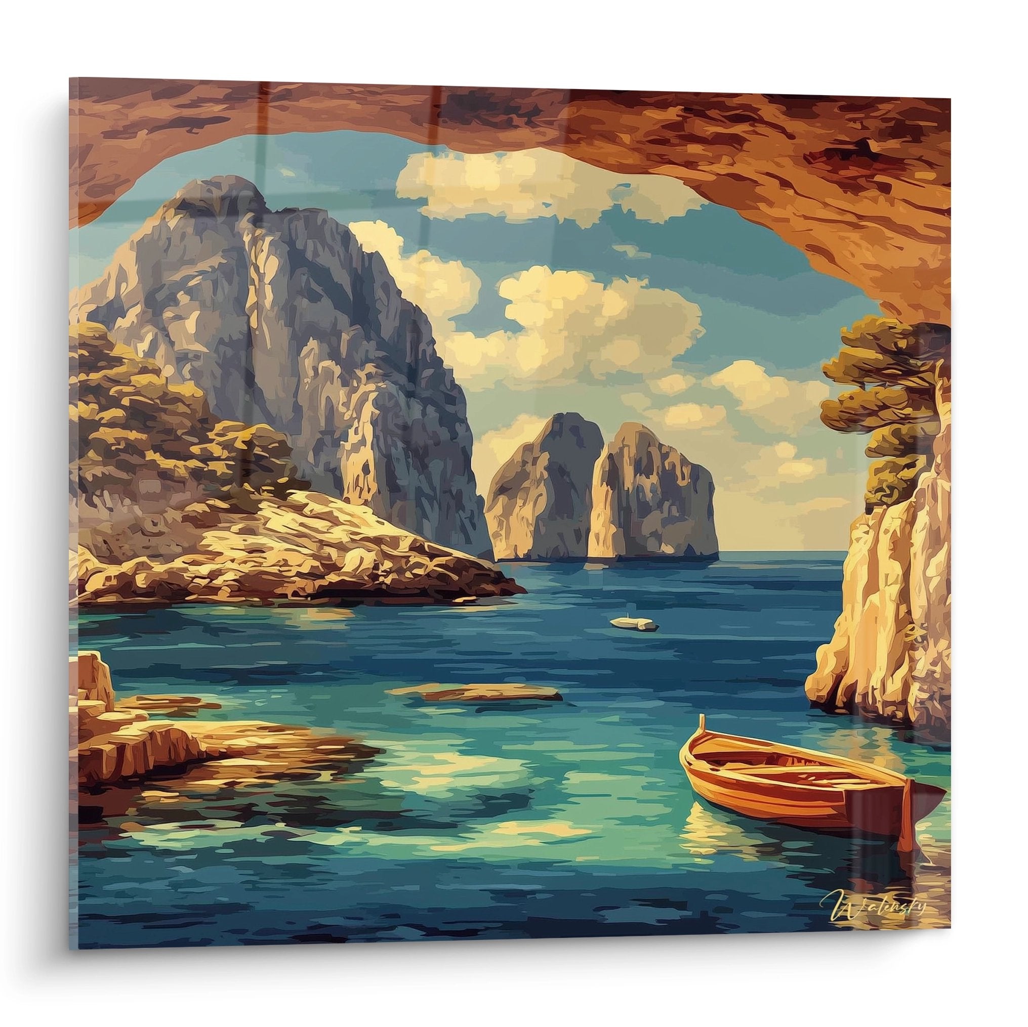 Tableau grotte marine Capri vue Faraglioni depuis cavité rocheuse eaux turquoise bateau traditionnel